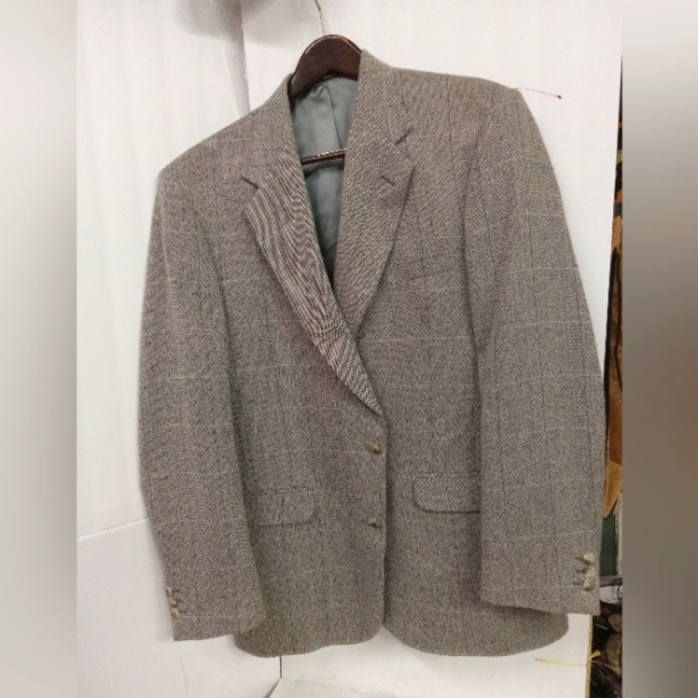 Huntington Sports Blazer Jacket Wool,Silk blend Beige Tweed  Windowpane Sz42L